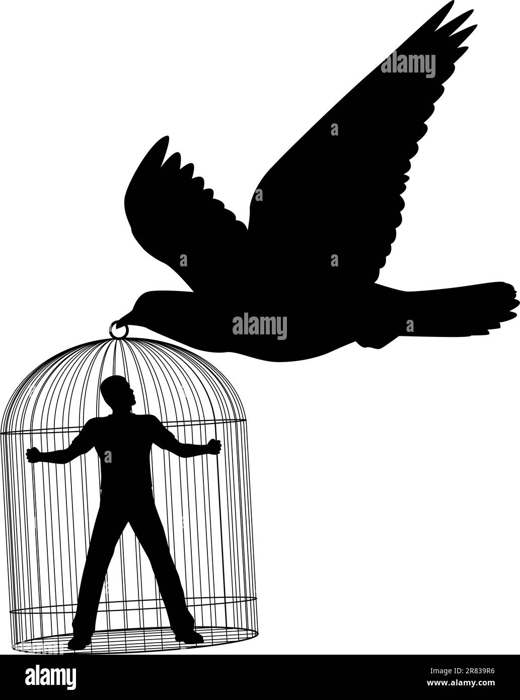 Vettore modificabile silhouette di un piccione o colomba portante un uomo in una gabbia Illustrazione Vettoriale Vettore modificabile silhouette di un piccione o colomba portante un uomo in una gabbia Illustrazione Vettoriale