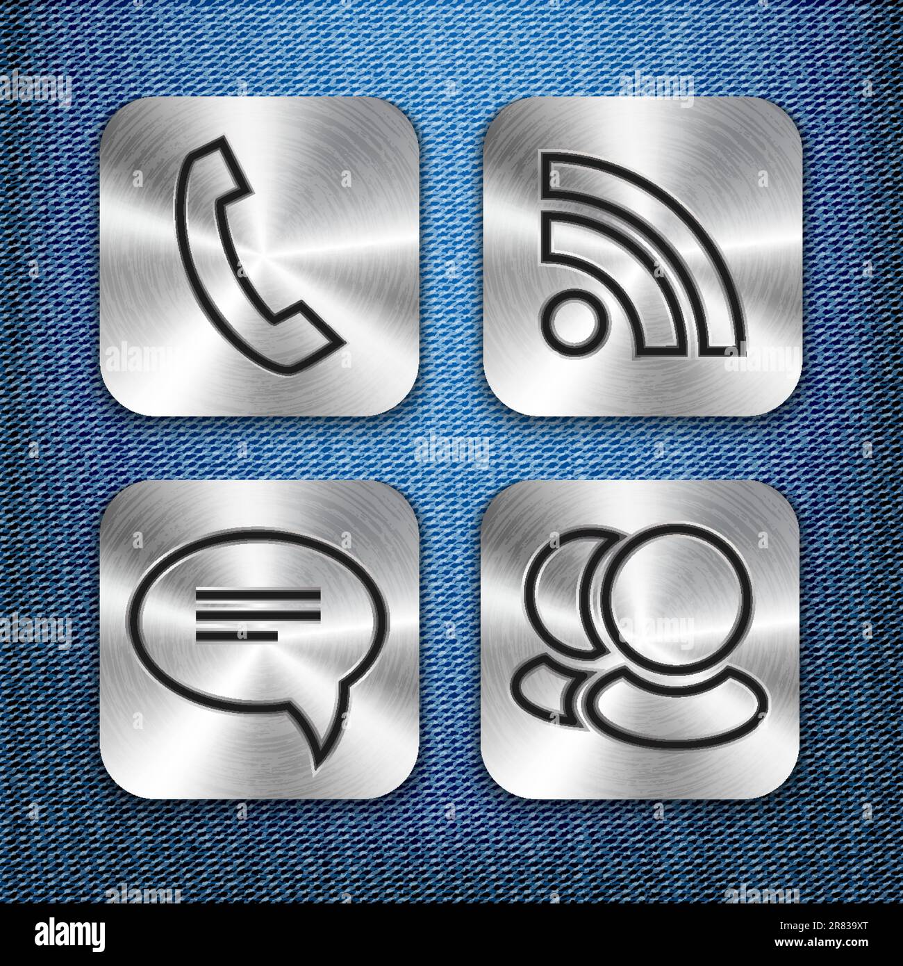 Icone dell'app Communication in metallo spazzolato su texture denim. Illustrazione vettoriale Illustrazione Vettoriale