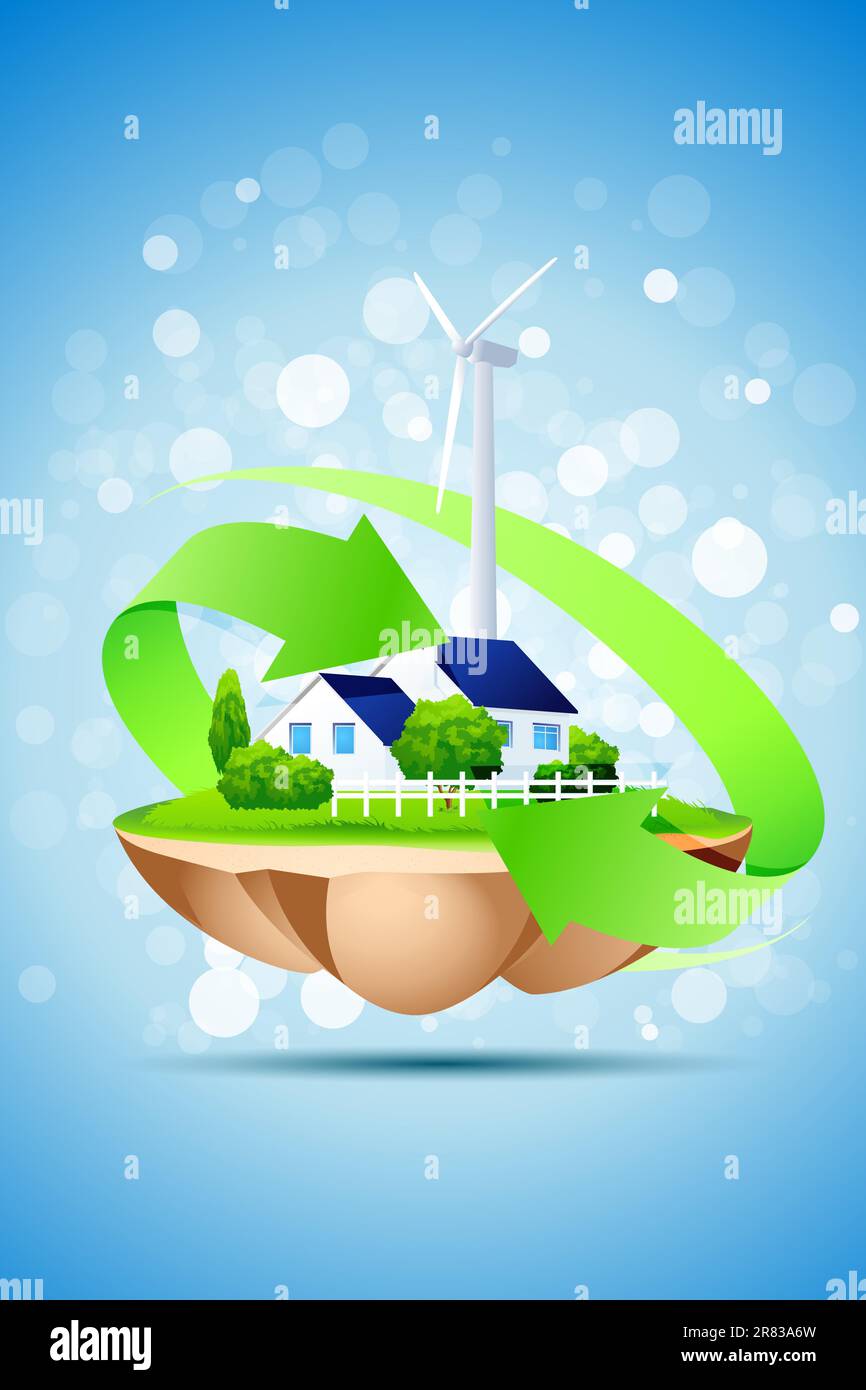 Concetto di ecologia sfondo con casa e Wind Power Station Illustrazione Vettoriale