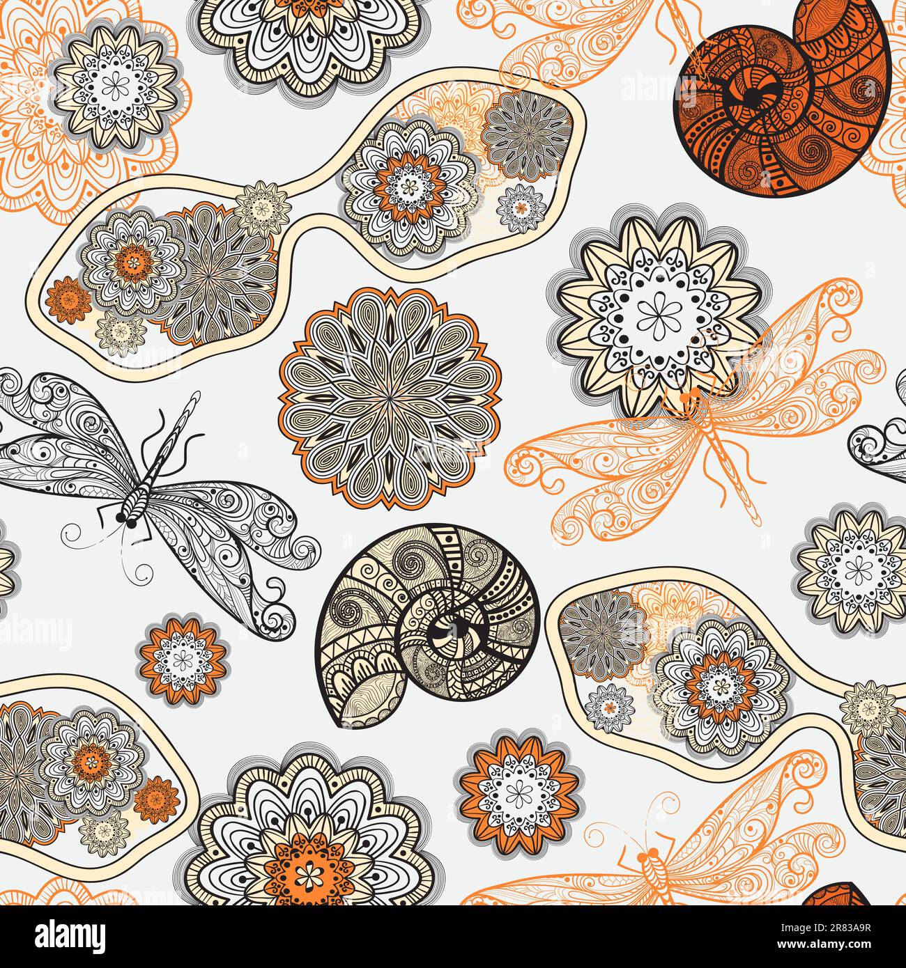 modello vettoriale senza cuciture con occhiali da sole, fiori, conchiglie e libellule, maschera di ritaglio, può essere utilizzato separatamente Illustrazione Vettoriale