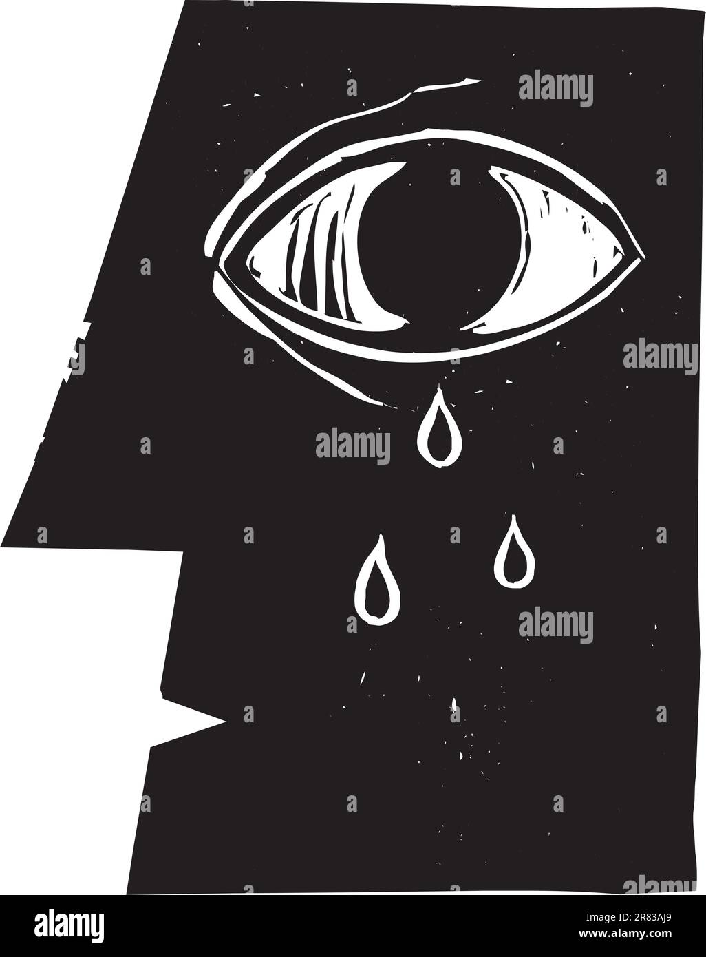 Profilo di stile xilografia immagine di un occhio di pianto con lacrime. Illustrazione Vettoriale