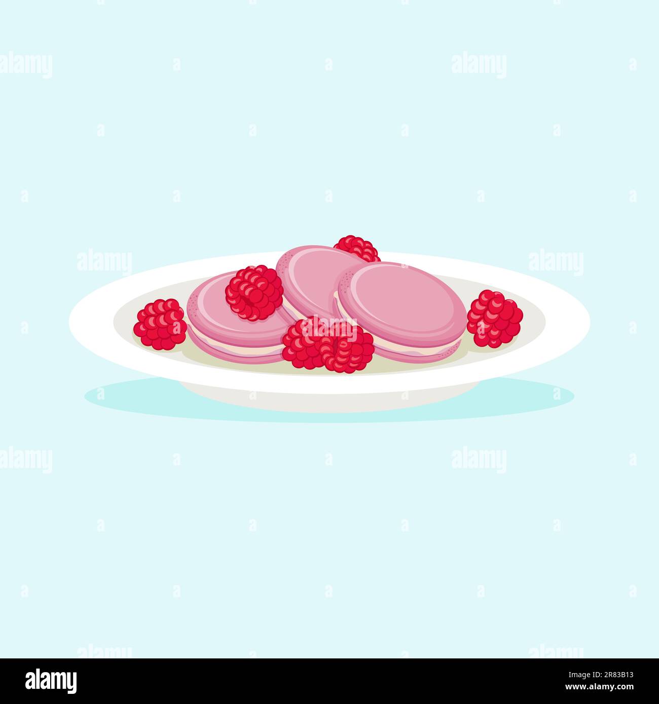 Deliziosi biscotti rosa al macarone con lamponi sul piatto, illustrazione vettoriale. Illustrazione Vettoriale