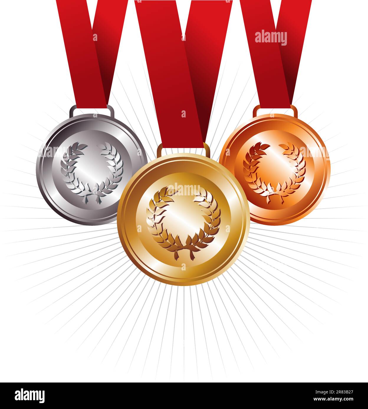 Sport oro, argento e bronzo posizioni con nastro rosso impostare lo sfondo. File vettoriale stratificata per una facile manipolazione e personalizzazione. Illustrazione Vettoriale