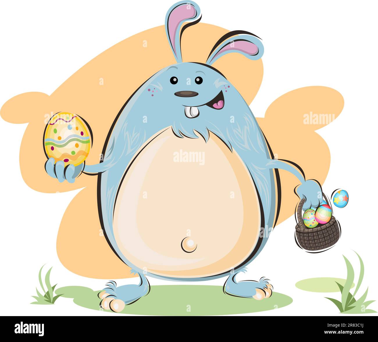 Un'illustrazione del Coniglio pasquale grasso con in mano Un cestino di uova Illustrazione Vettoriale