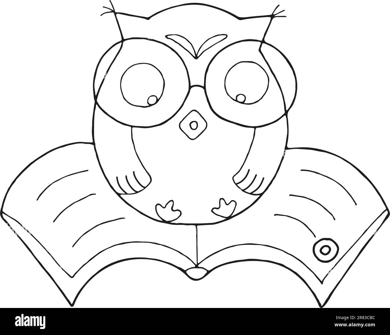 Contorno disegnato a mano gufo seduto su un libro. Illustrazione Vettoriale