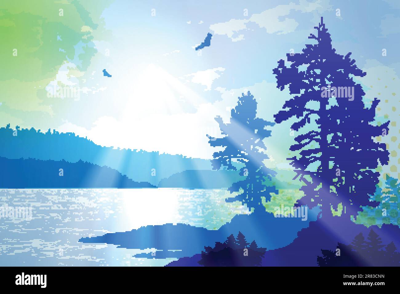 Illustrazione suggestiva che raffigura l'aspra costa occidentale della Columbia Britannica Illustrazione Vettoriale