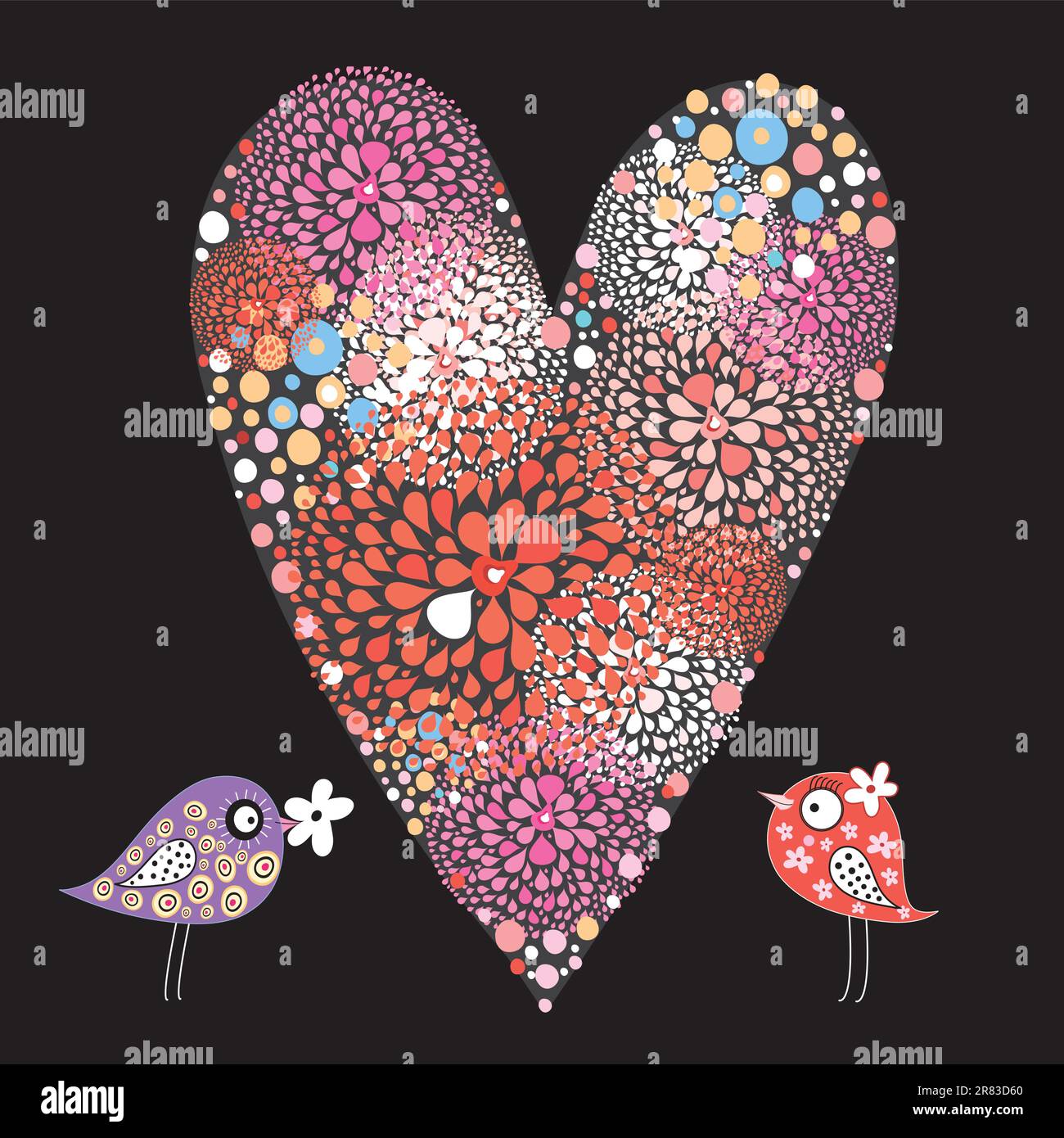 cuori decorativi multicolori e uccelli adorati su sfondo nero Illustrazione Vettoriale