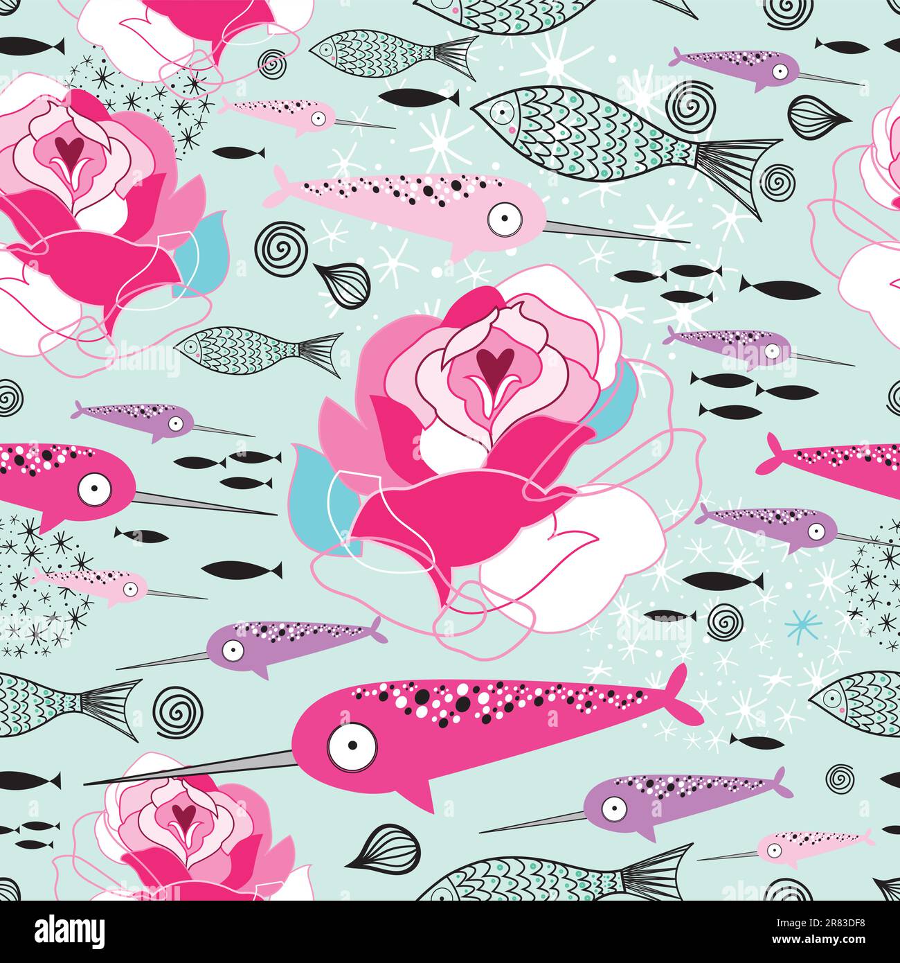motivo floreale grafico senza cuciture con pesci e narwhal su sfondo verde Illustrazione Vettoriale
