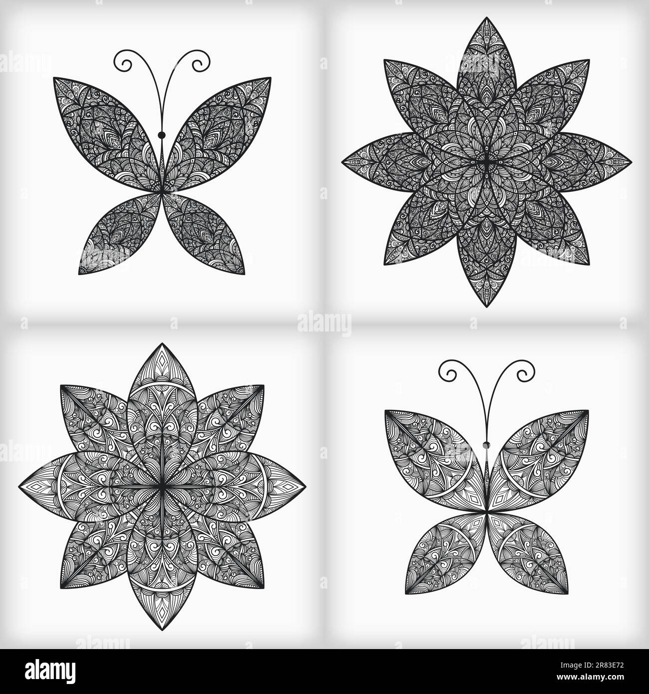 Set vettoriale completamente modificabile con 2 farfalle e 2 fiori, gli elementi possono essere utilizzati separatamente Illustrazione Vettoriale