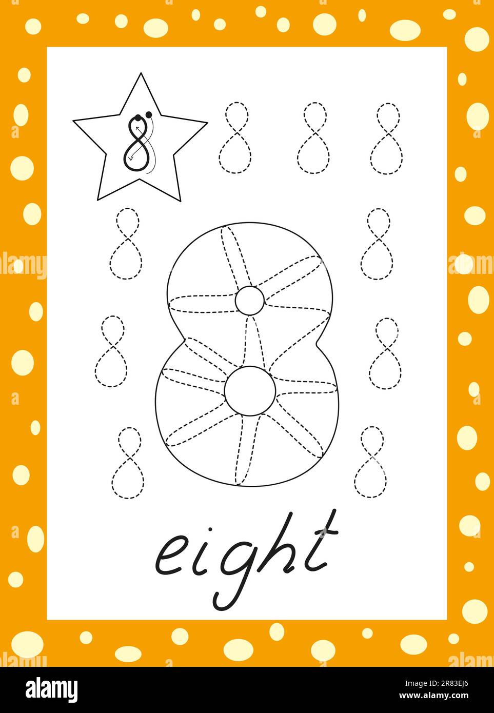 numeri da colorare per bambini. Numeri arabi disegnati a mano da uno a nove. Illustrazione Vettoriale