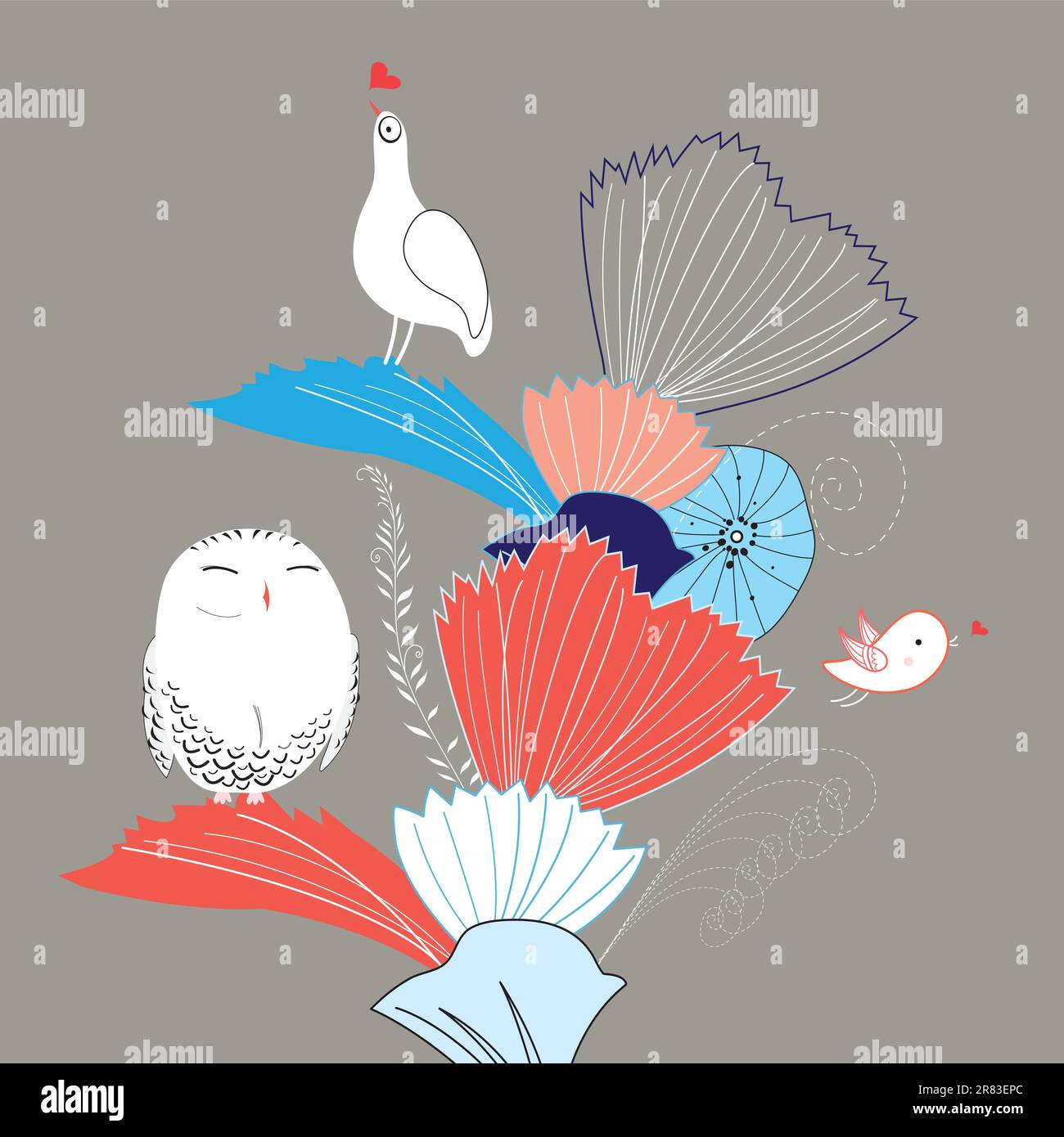 Sfondo floreale grafico con un'insolita varietà di uccelli con sfondo bianco scuro Illustrazione Vettoriale