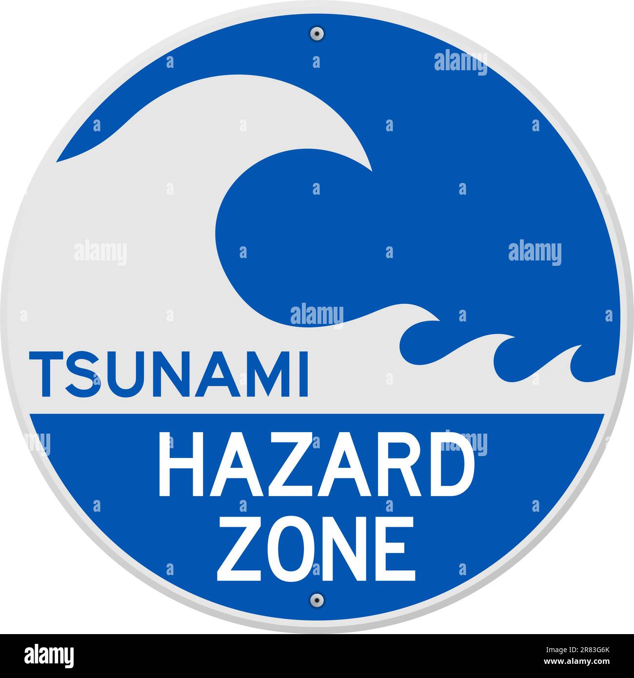 Cartello arrotondato blu con informazioni sul pericolo Tsunami e onda Illustrazione Vettoriale