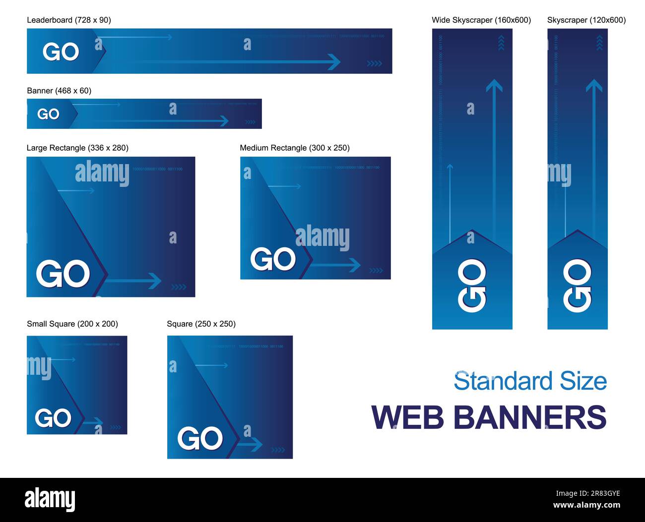 Insieme di banner Web di dimensioni standard, tutti gli elementi possono essere scalati a qualsiasi dimensione senza perdita di risoluzione. Illustrazione Vettoriale