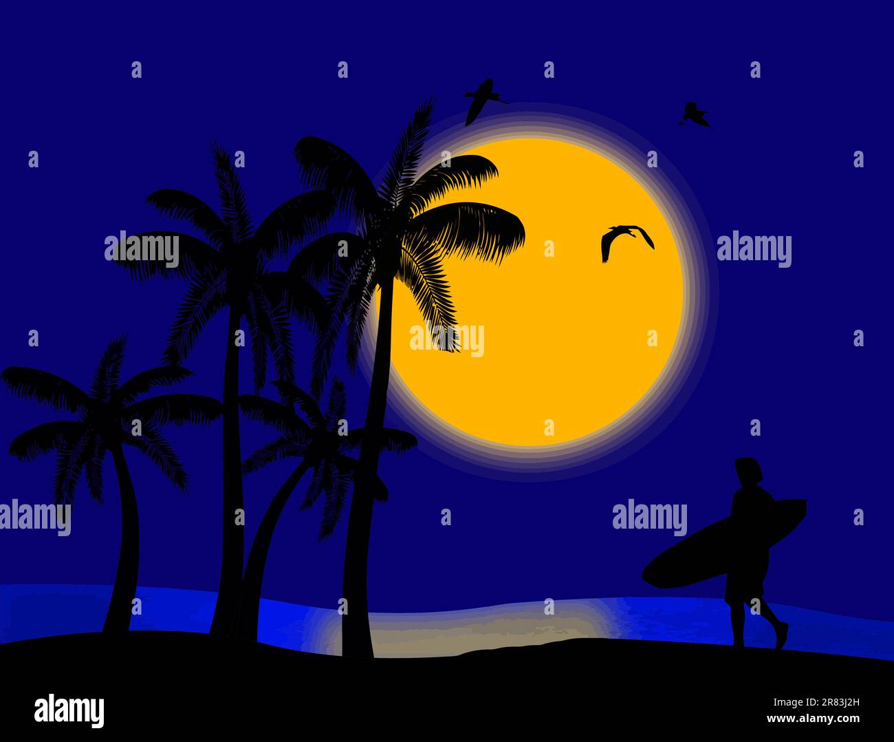 Tramonto su un paradiso tropicale blu con silhouette di palme e surfisti, illustrazione vettoriale Illustrazione Vettoriale