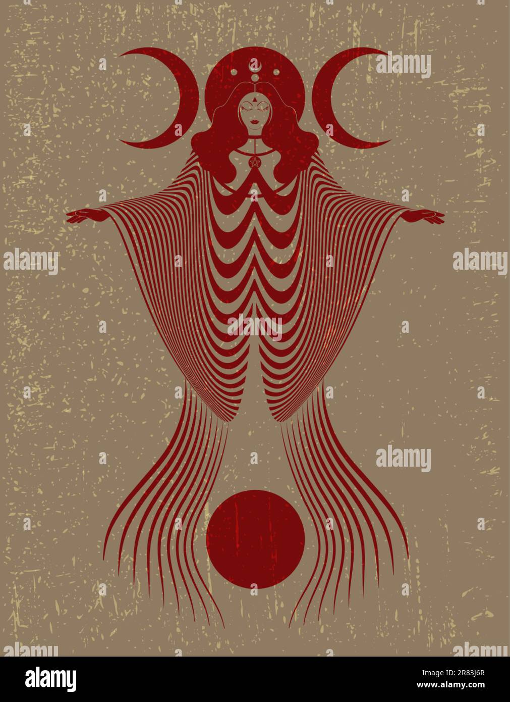 Dea tripla magica, priestessa. Bella donna fata con abito lungo. Gothic Witch wiccan femminile design sacro, magica luna rossa. Vettore isolato Illustrazione Vettoriale