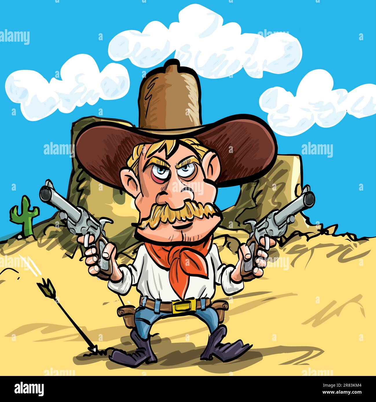 Cowboy dei cartoni animati che disegna le sue pistole nel deserto Illustrazione Vettoriale