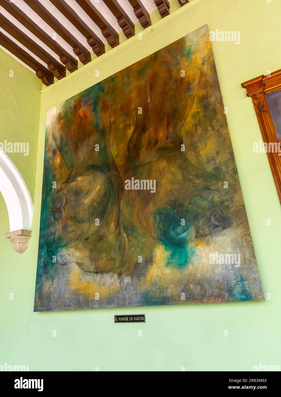 'Uomo a piedi', dipinto 'El Hombre en Marcha' di Fernando Castro Pacheco, Palacio de Gobierno, Merida, Stato dello Yucatan, Messico Foto Stock