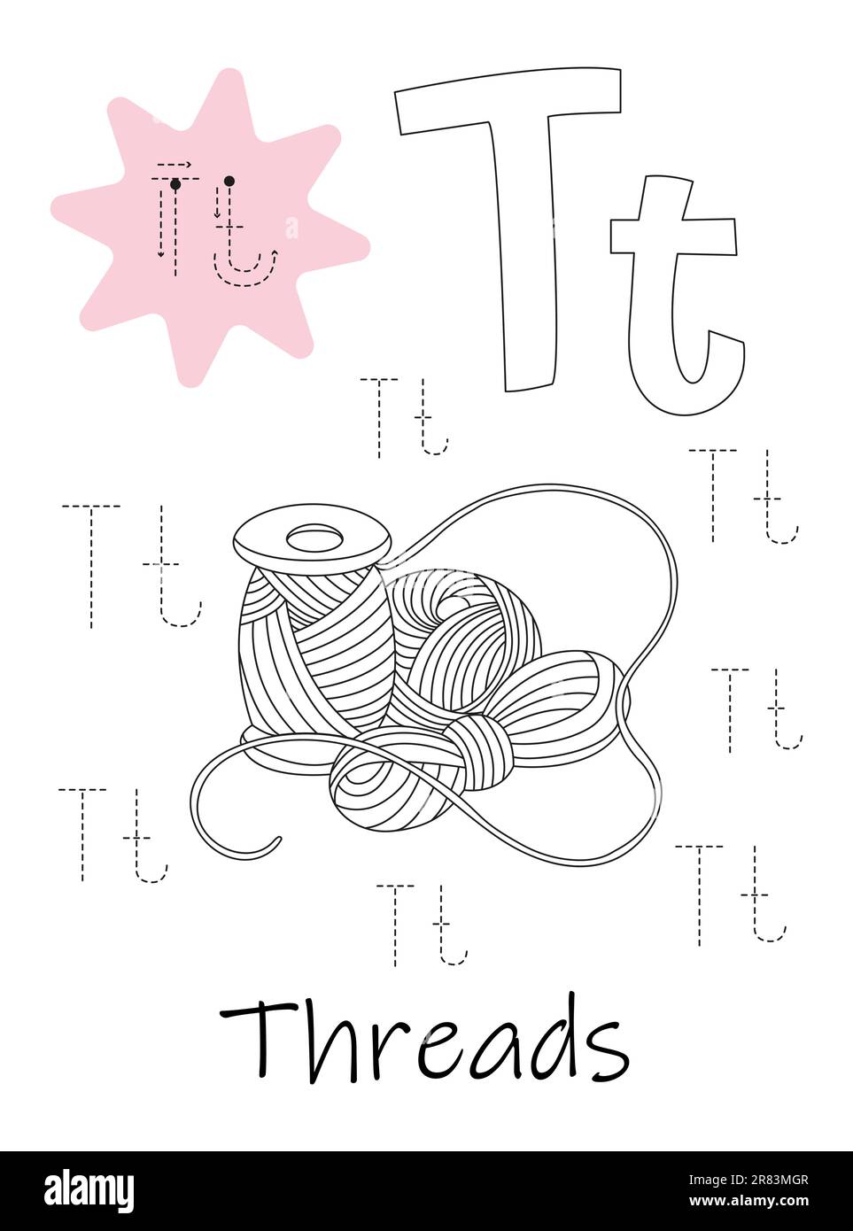 Libro da colorare - copybook per bambini. Lettera T. Illustrazione Vettoriale