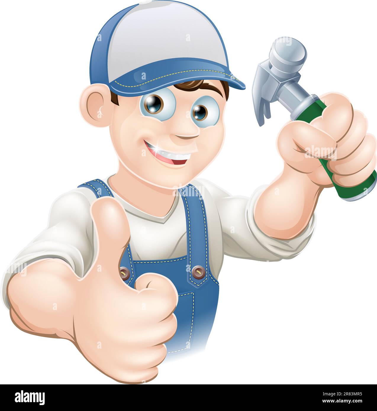 Illustrazione di un tuttofare felice, un costruttore, un operaio edile o un falegname che indossa abiti da lavoro tenendo un martello e dando i pollici in alto Illustrazione Vettoriale