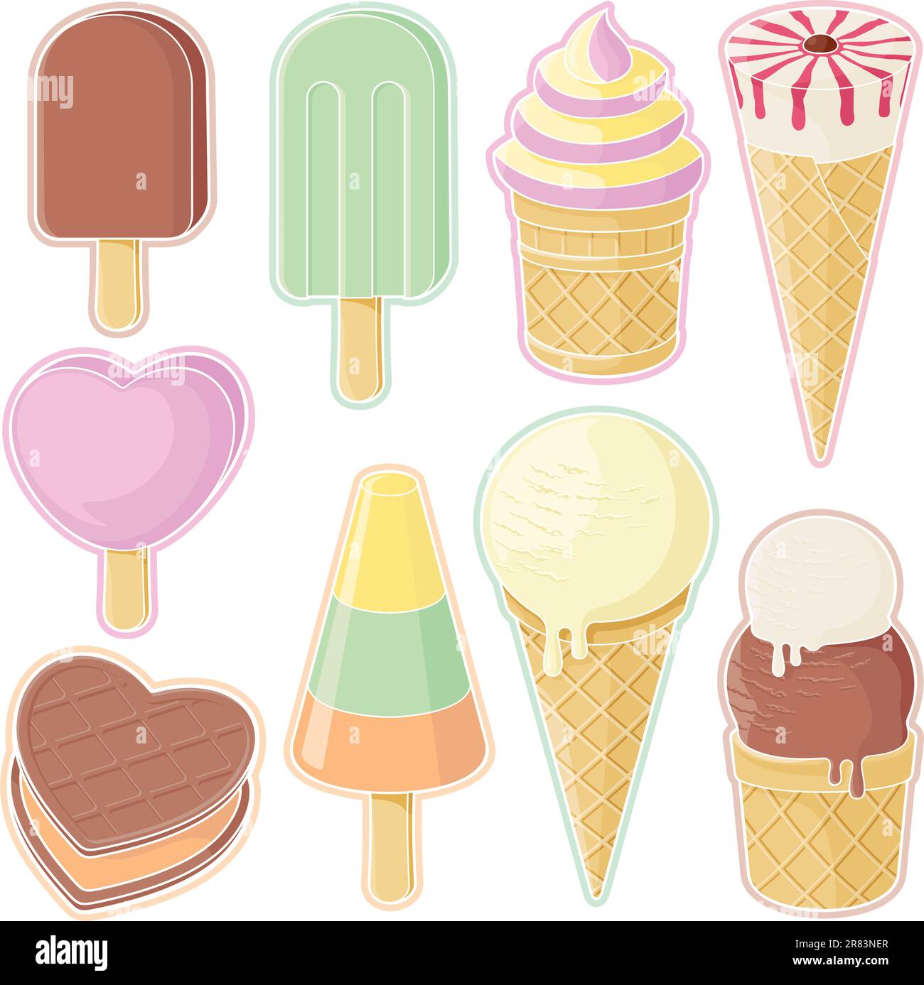 Set di icone del gelato isolate su sfondo bianco. Illustrazione Vettoriale