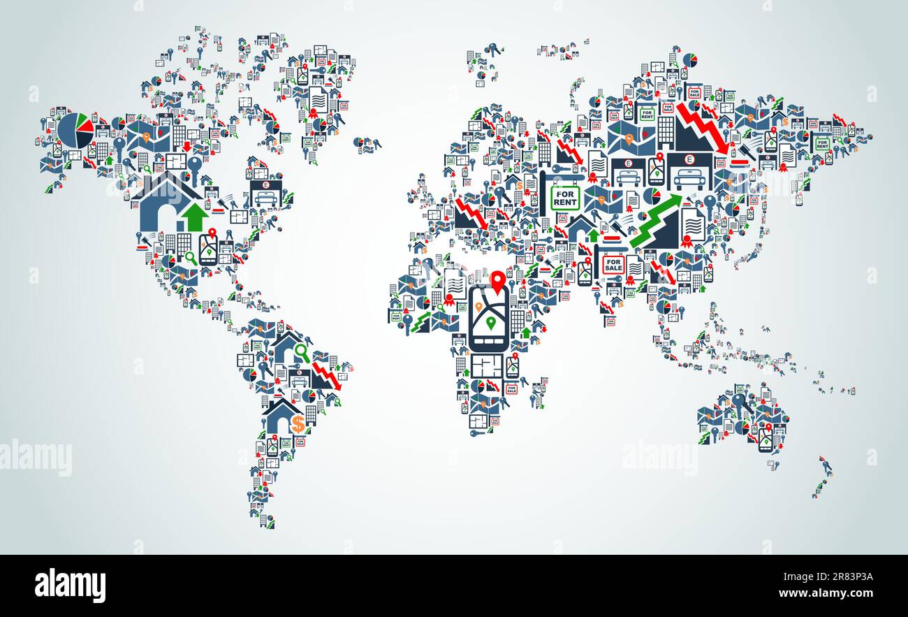 Real estate icon set in terra mappa del globo forma illustrazione dello sfondo. File vettoriale stratificata per una facile manipolazione e colorazione personalizzata. Illustrazione Vettoriale
