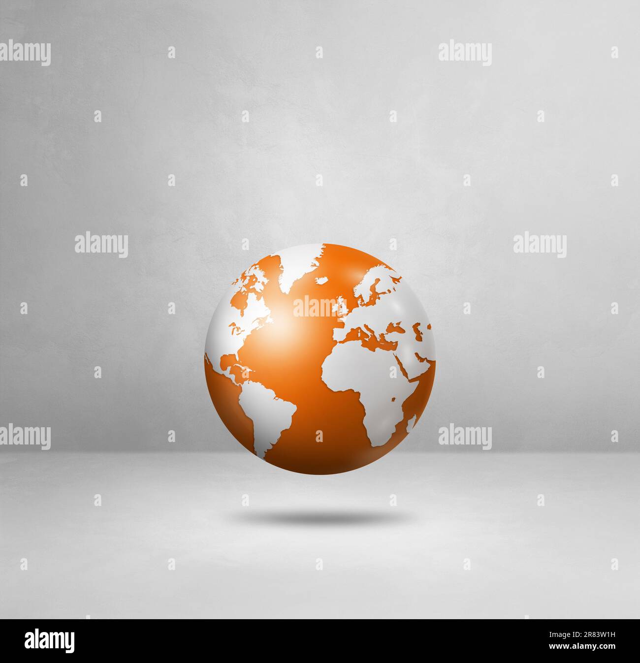 Globo del mondo, mappa della terra arancione, fluttuante su uno sfondo bianco. 3D illustrazione isolata. Sagoma quadrata Foto Stock