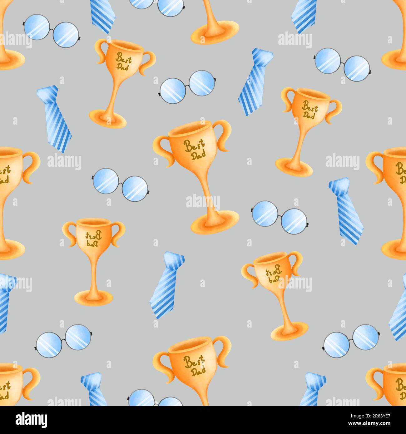 Modello perfetto per il giorno del papà con trofeo, cravatta e occhiali da sole. Carta digitale per il giorno del papà isolata su sfondo grigio. Decorazione natalizia, saluto, io Foto Stock