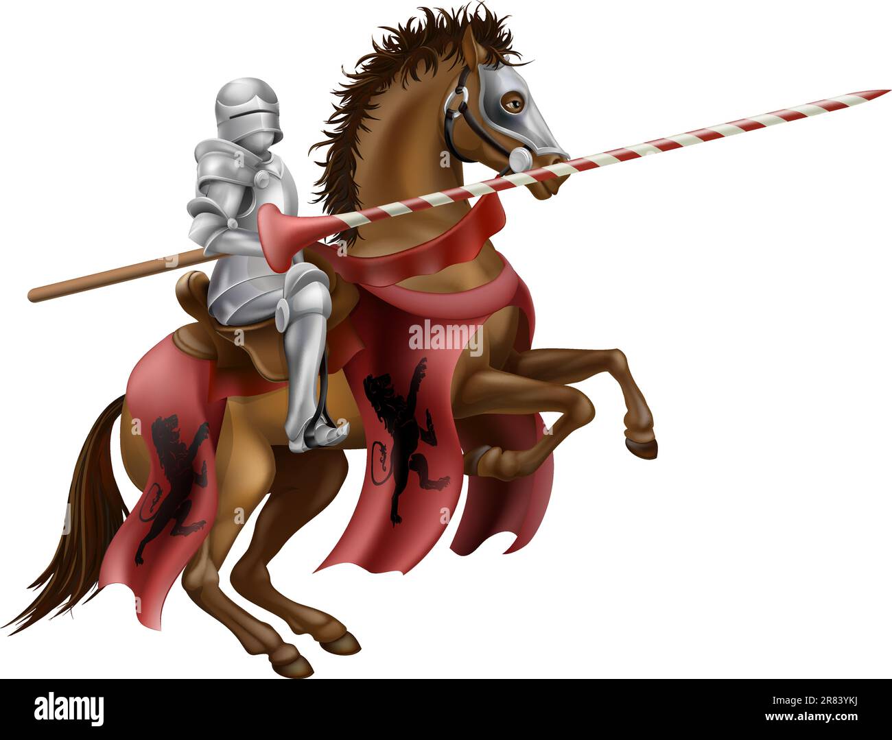 Illustrazione di un cavaliere montato su un cavallo tenendo una lancia pronto a giostra Illustrazione Vettoriale