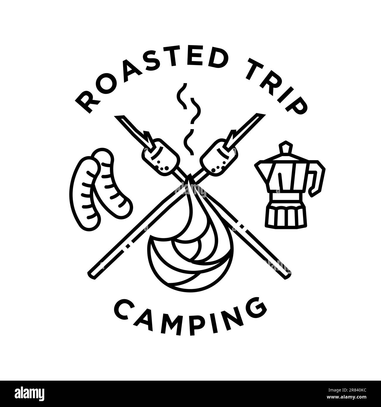 camping arrosto poster disegno vintage monolina vettore illustrazione. falò, salsiccia al barbecue, marshmallow e caffè all'americana Illustrazione Vettoriale