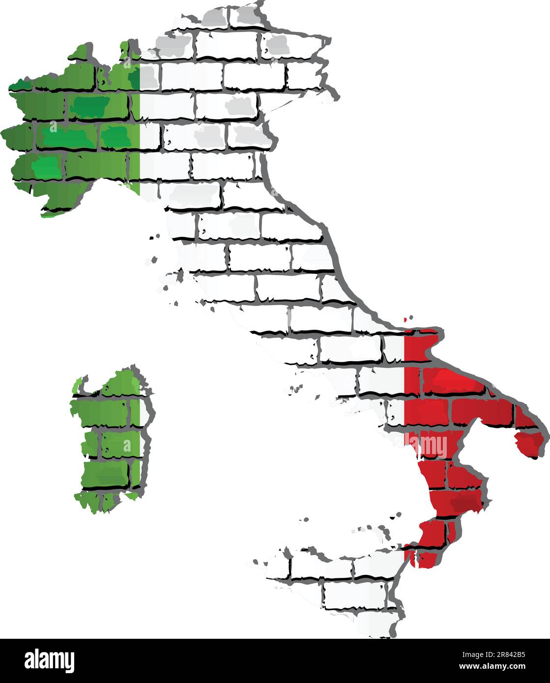 Mappa lucida dell'Italia su un muro di mattoni - illustrazione, sfondo vettore grunge astratto Illustrazione Vettoriale