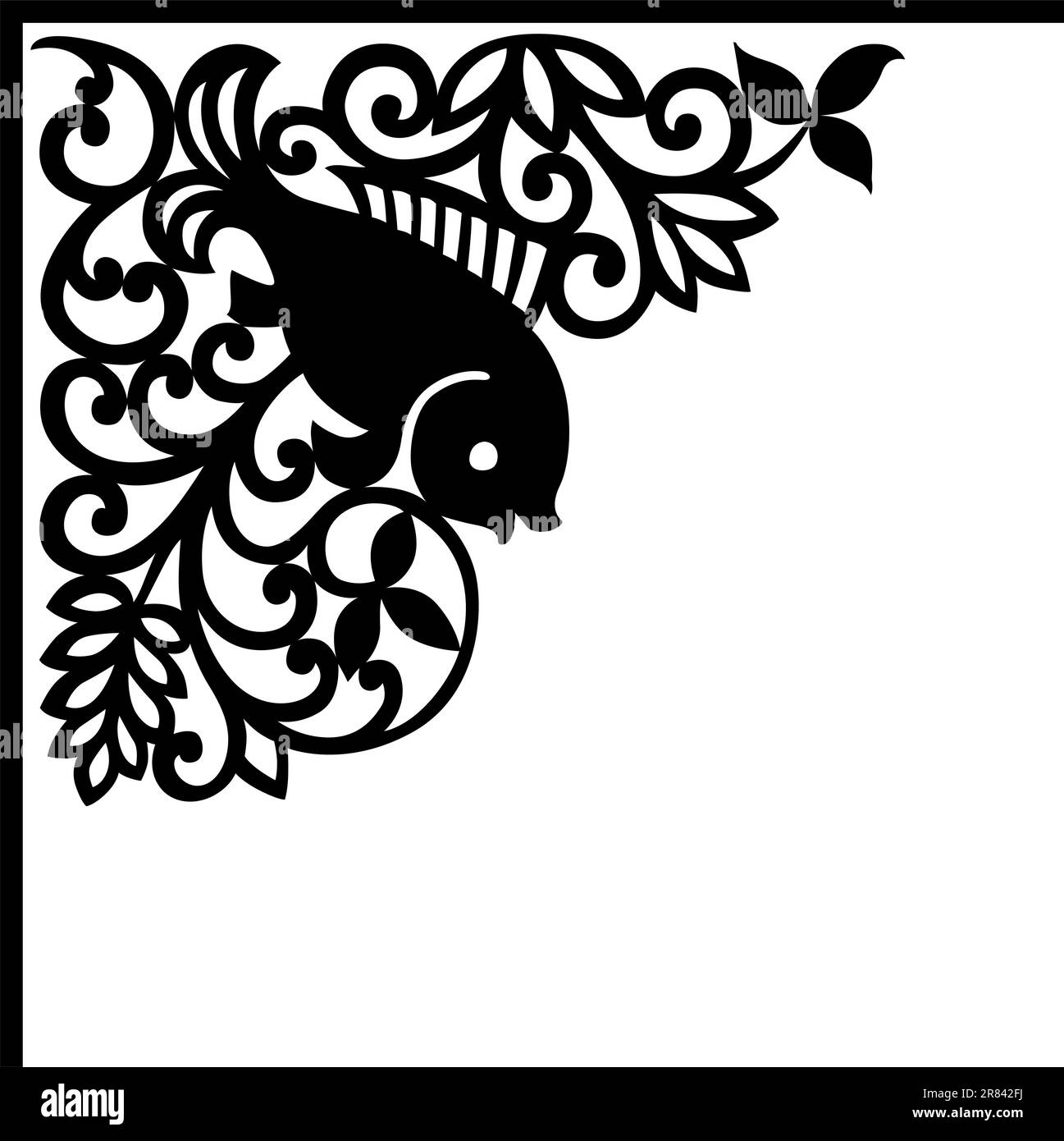 Elemento angolare nero decorativo con pesci su sfondo bianco Illustrazione Vettoriale