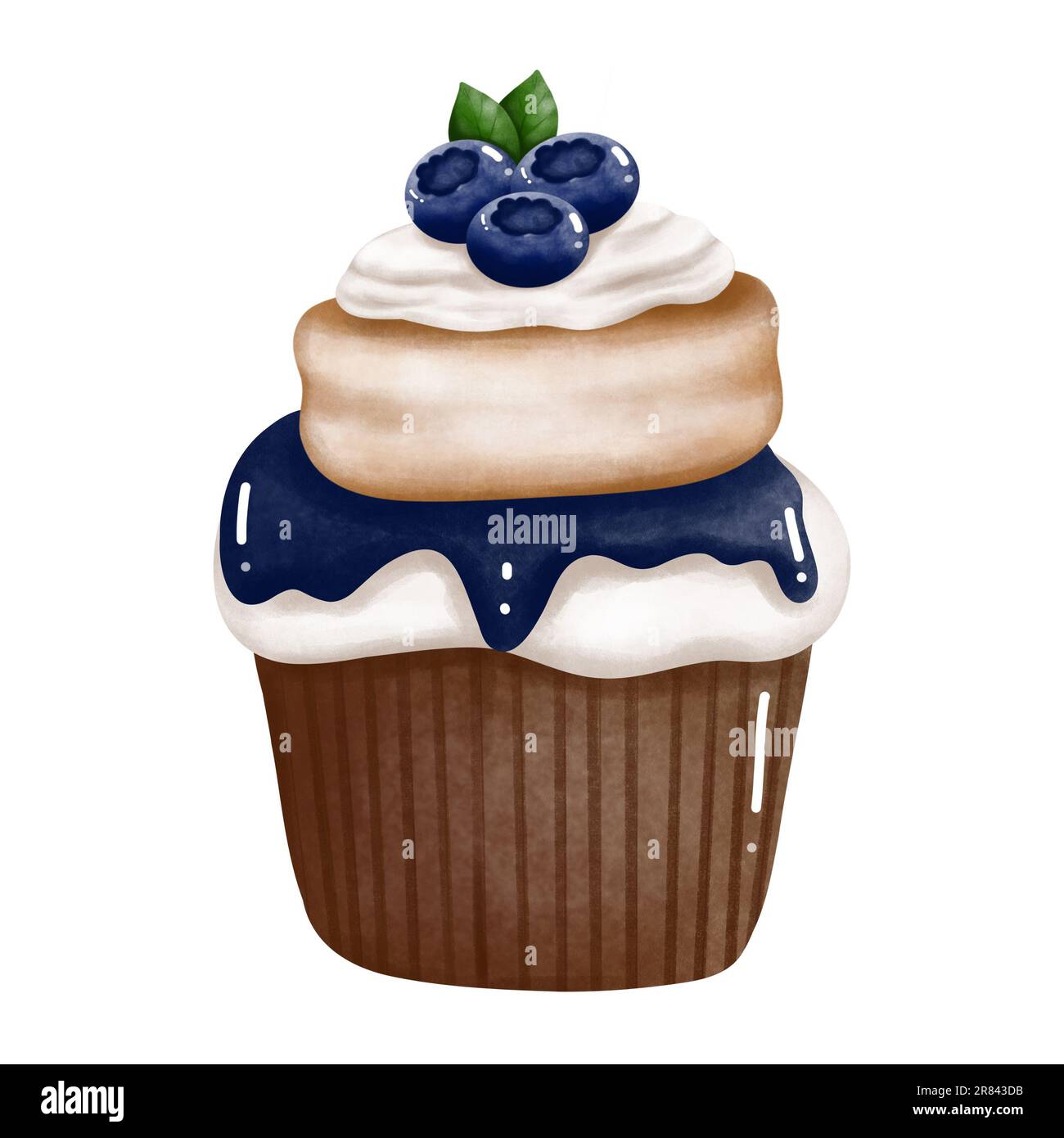 Clip per cupcake ai mirtilli disegnata a mano. Illustrazione del dessert ad acquerello isolata su sfondo bianco. Compleanno,invito,biglietti,saluto,menu,loghi,ann Foto Stock