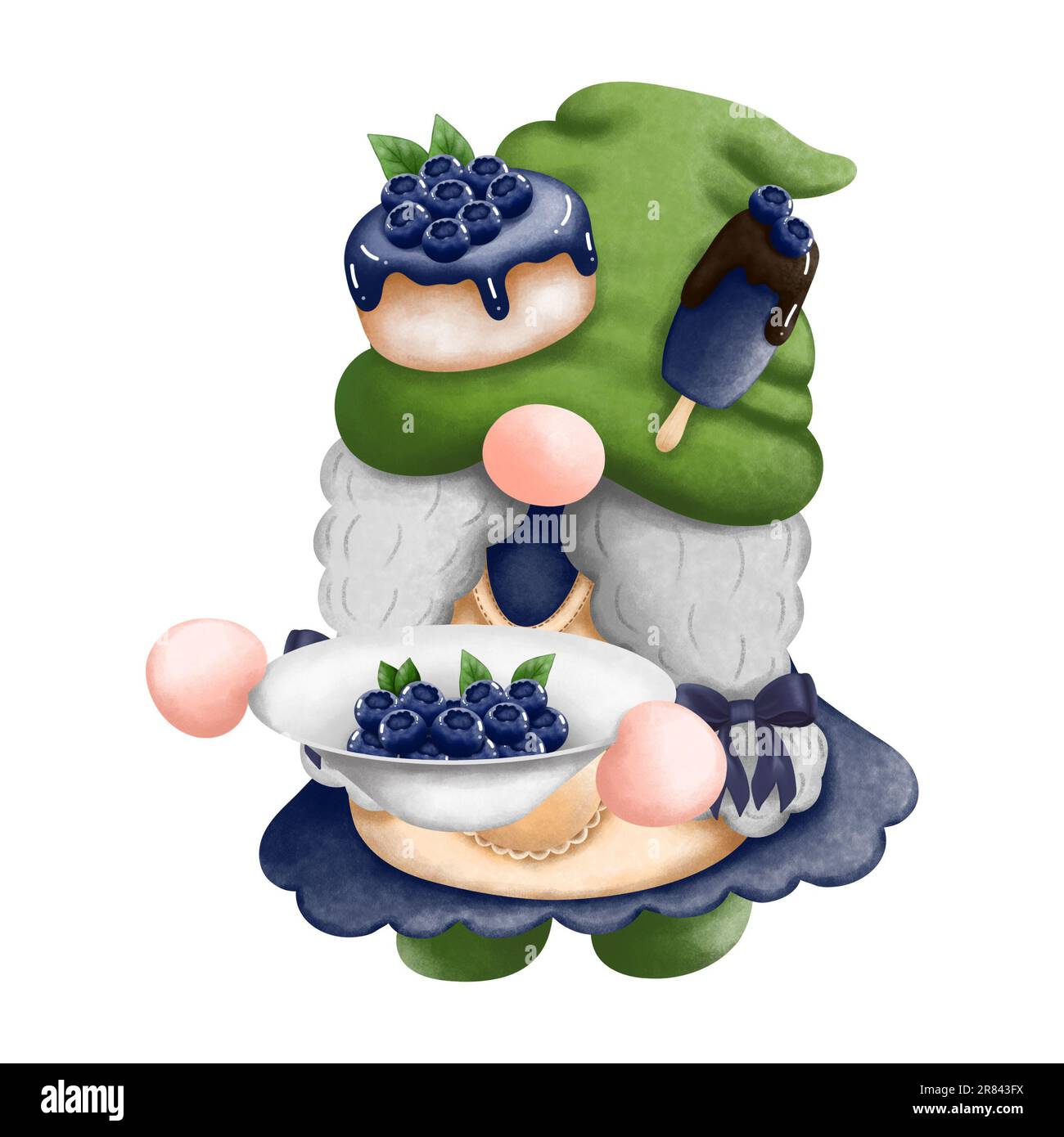 Grazioso gnomo acquerello con mirtilli, torta e gelato. Illustrazione GNOME Summer Fruit isolata su sfondo bianco. Invito, compleanno, dic Foto Stock