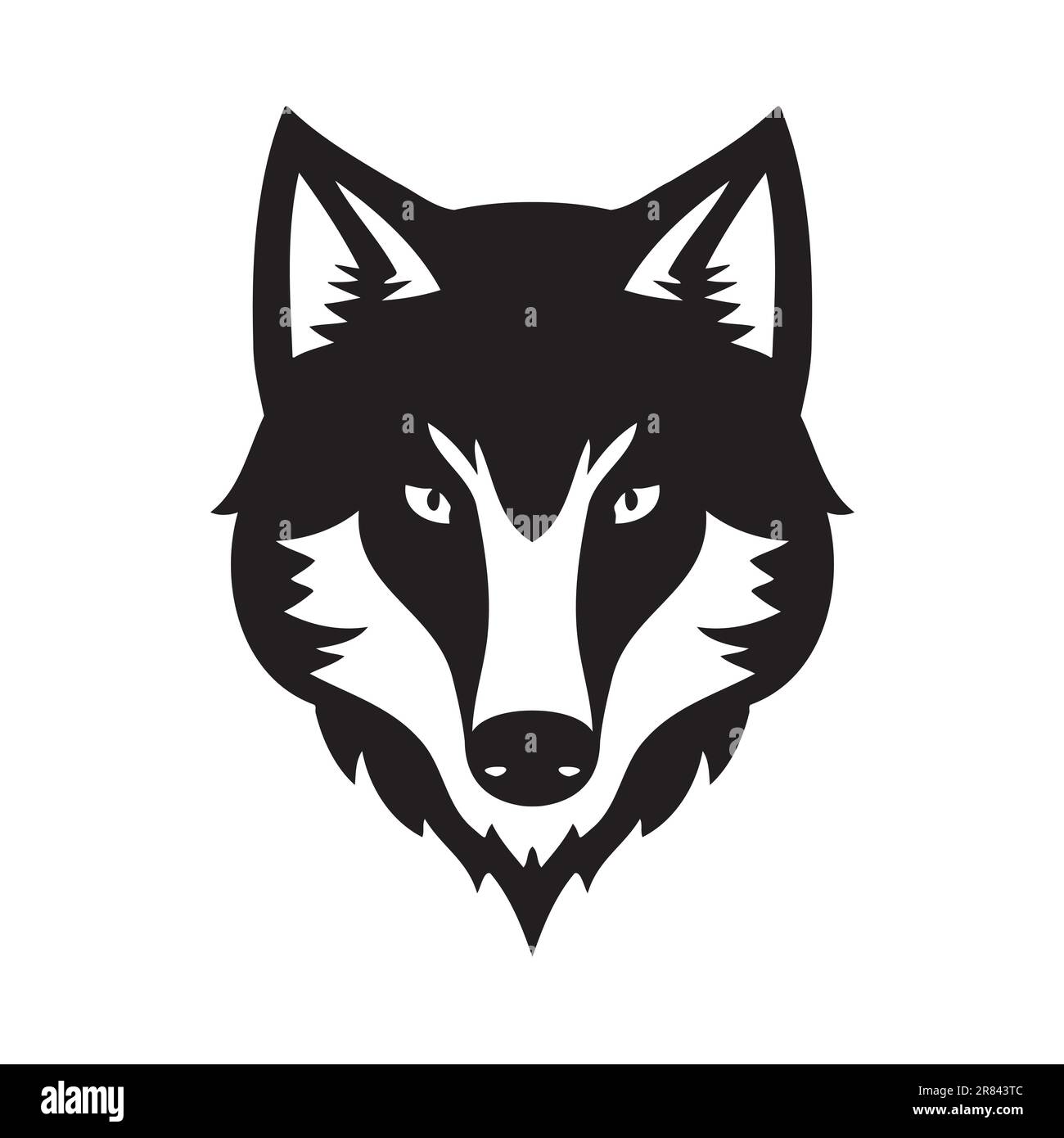 Icona vettoriale bianco e nero della testa di lupo. Modello per logo, emblema o badge Illustrazione Vettoriale