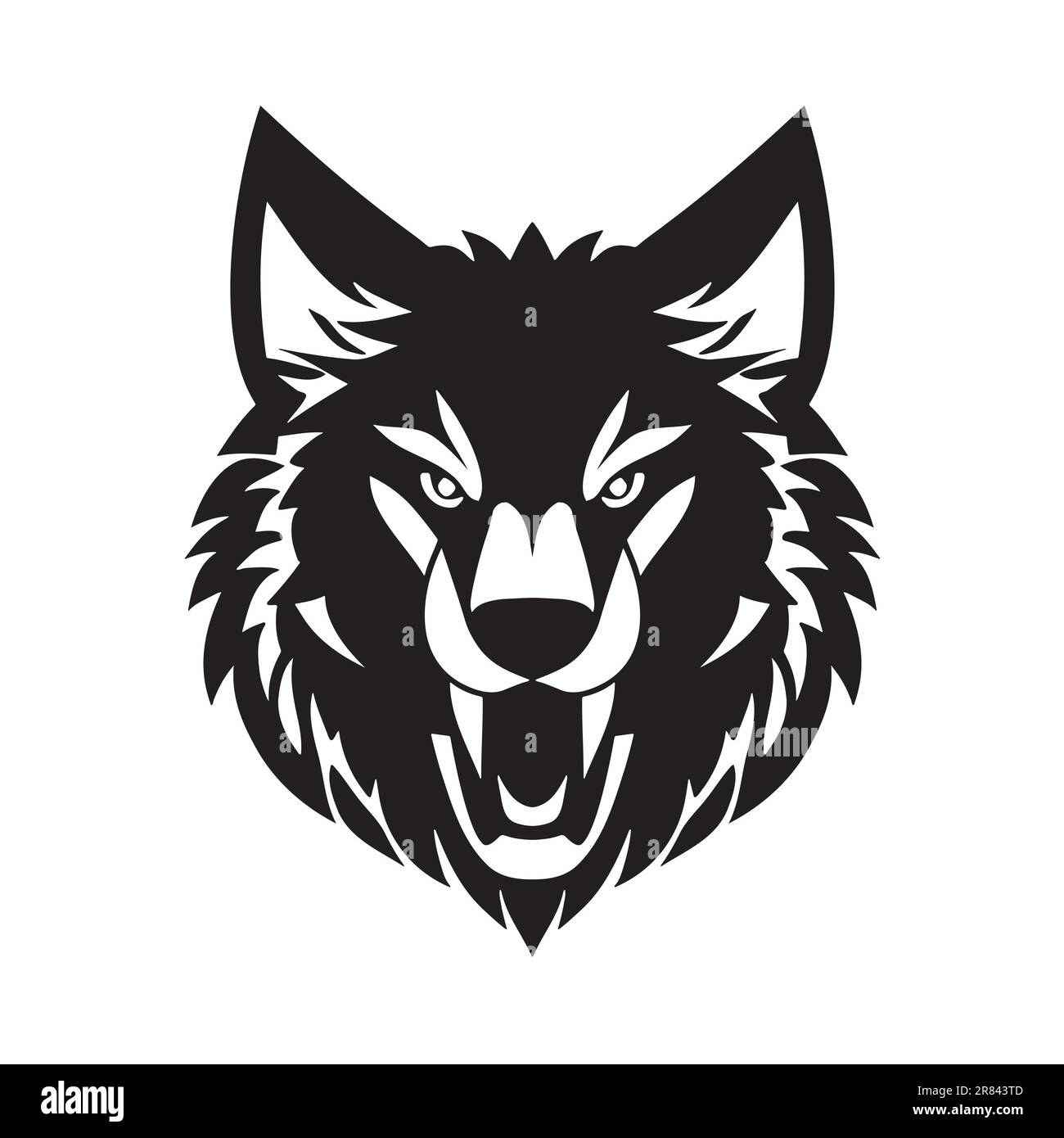 Icona vettoriale bianco e nero della testa di lupo. Modello per logo, emblema o badge Illustrazione Vettoriale