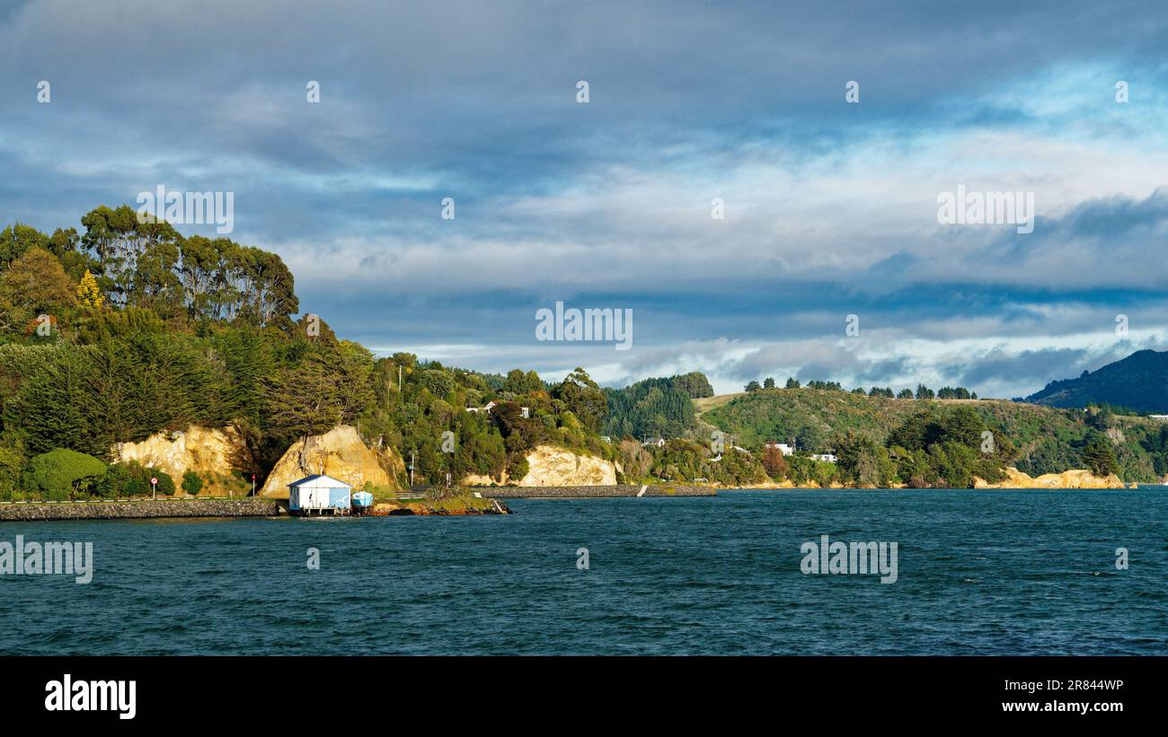 Boatshed sulla Penisola di Otago. Dunedin, isola meridionale, Aotearoa / Nuova Zelanda Foto Stock