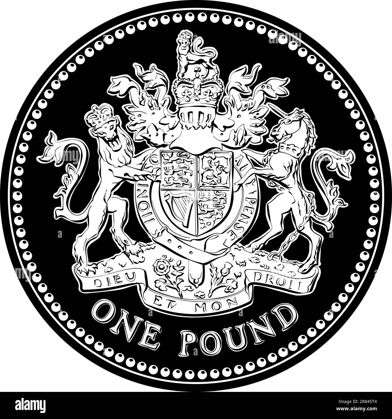 Moneta britannica d'oro una libbra con l'immagine di un leone araldico, unicorno, scudo e corona, bianco e nero Illustrazione Vettoriale