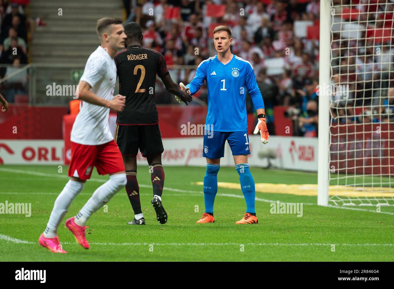 VARSAVIA, POLONIA - 16 GIUGNO 2023: Partita di calcio amichevole Polonia vs Germania 1:0. Antonio Rudiger (2) e il portiere Marc-Andre ter Stegen. Foto Stock