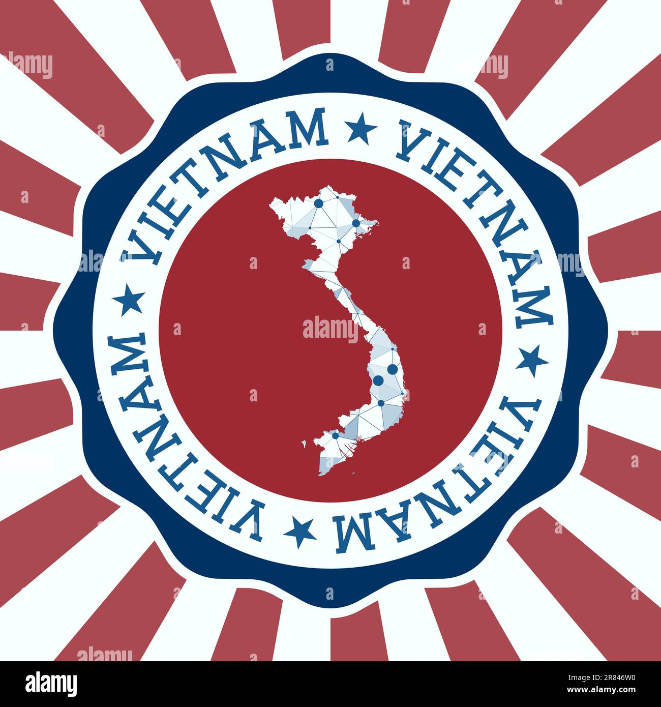 Vietnam Badge. Logo rotondo di paese con mappa a maglia triangolare e raggi radiali. Vettore EPS10. Illustrazione Vettoriale