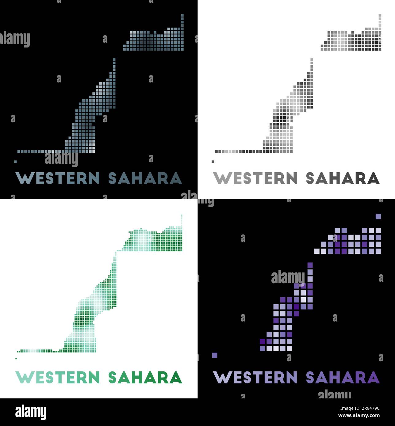Mappa del Sahara occidentale. Raccolta di mappe del Sahara occidentale in stile punteggiato. Bordi del paese pieni di rettangoli per il tuo progetto. Illustrazione Vettoriale