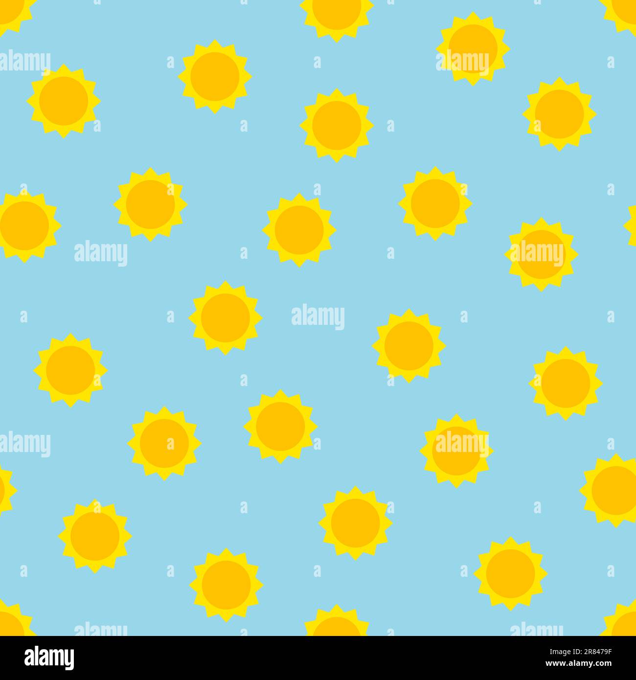 Modello di sole senza cuciture. Sole giallo carino su sfondo blu. Colore alba, cartello tramonto. Semplice simbolo di estate, calore, vacanza, viaggio, spiaggia. Vettore Illustrazione Vettoriale