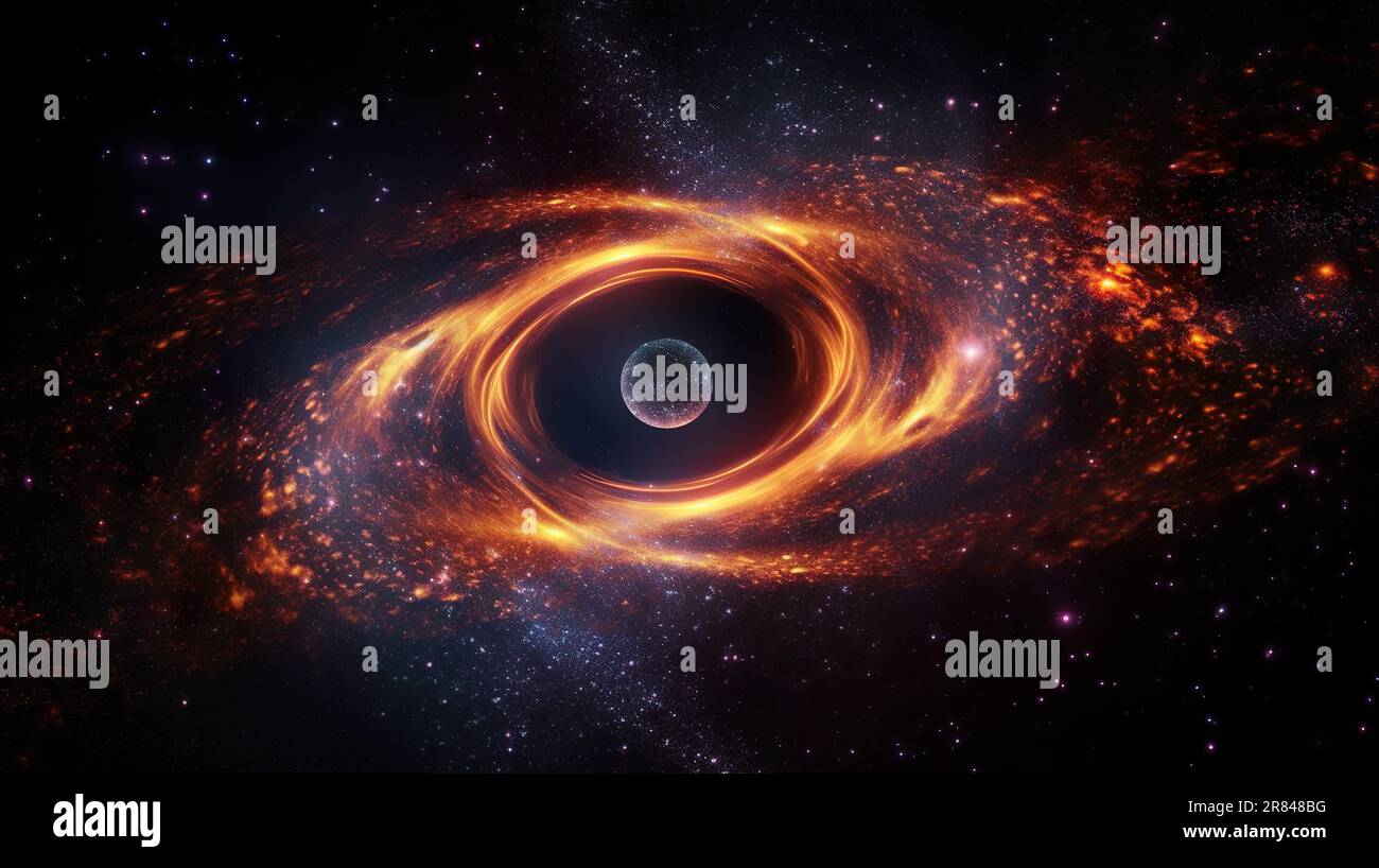 Un'immagine fantasiosa di un buco nero, che tira tutta la luce e la materia intorno ad esso. Una straordinaria visualizzazione di uno dei fen più enigmatici Foto Stock