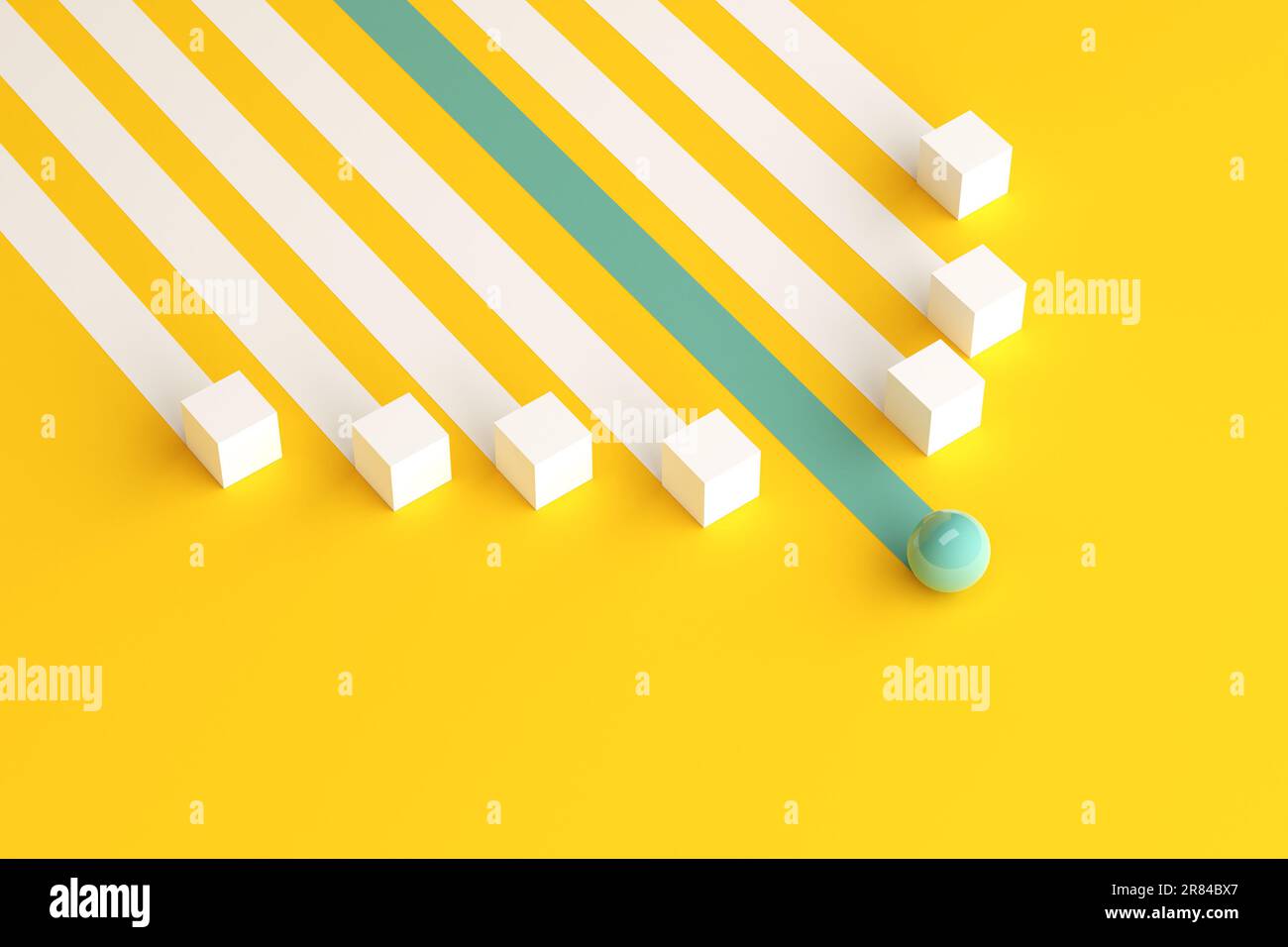 Leadership del team. Concorrenza aziendale e vantaggio competitivo. Progresso e successo. Strategia vincente. Sfera blu che conduce i cubi bianchi. 3d rende Foto Stock