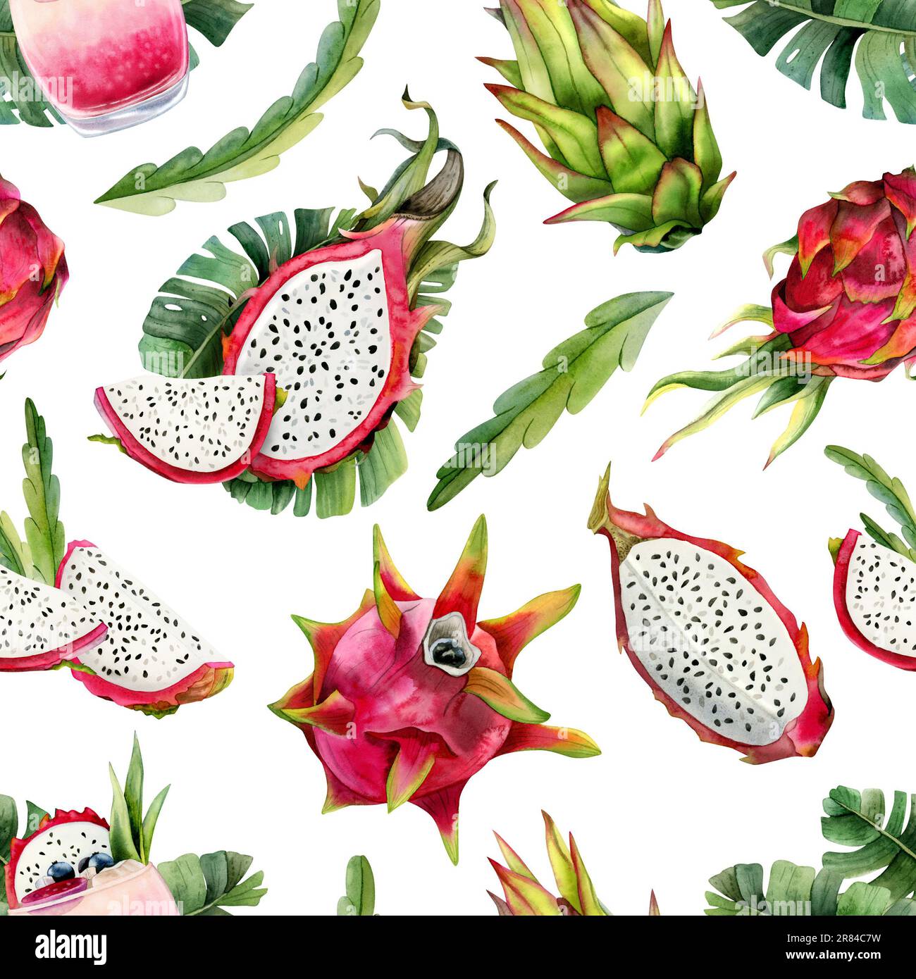 Rosa rosso pitaya frutti drago acquerello e foglie tropicali senza cuciture modello con disegni pitahaya Foto Stock