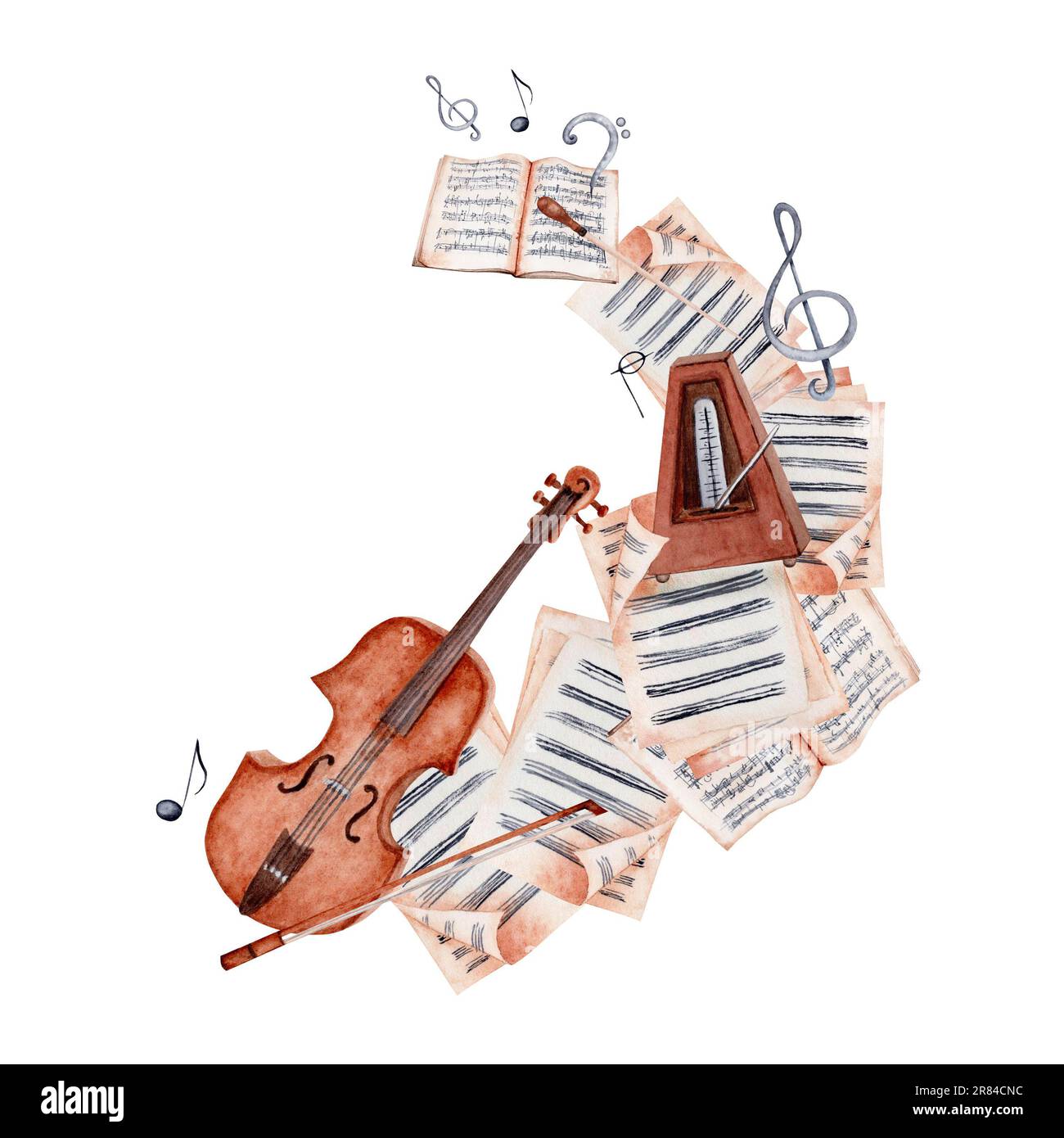 Sfondo musicale acquerello con violino, arco, note, clef di alti e bassi, metronomo e spartiti. Elemento di disegno illustrativo disegnato a mano Foto Stock