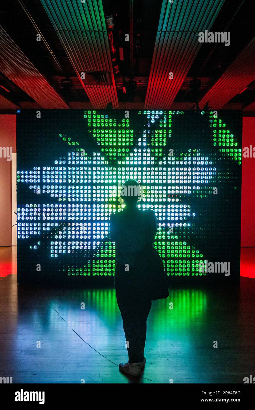 Londra, Regno Unito. 19th giugno, 2023. Schermo verde di Hito Steyerl - Cara Terra: Arte e speranza in un tempo di crisi alla Hayward Gallery. Questa mostra di gruppo tematicamente pionieristica esplora come gli artisti internazionali contemporanei stanno contribuendo a rifrangere le nostre risposte alla crisi climatica attraverso nozioni di cura, speranza e compassione per il nostro pianeta. Credit: Guy Bell/Alamy Live News Foto Stock