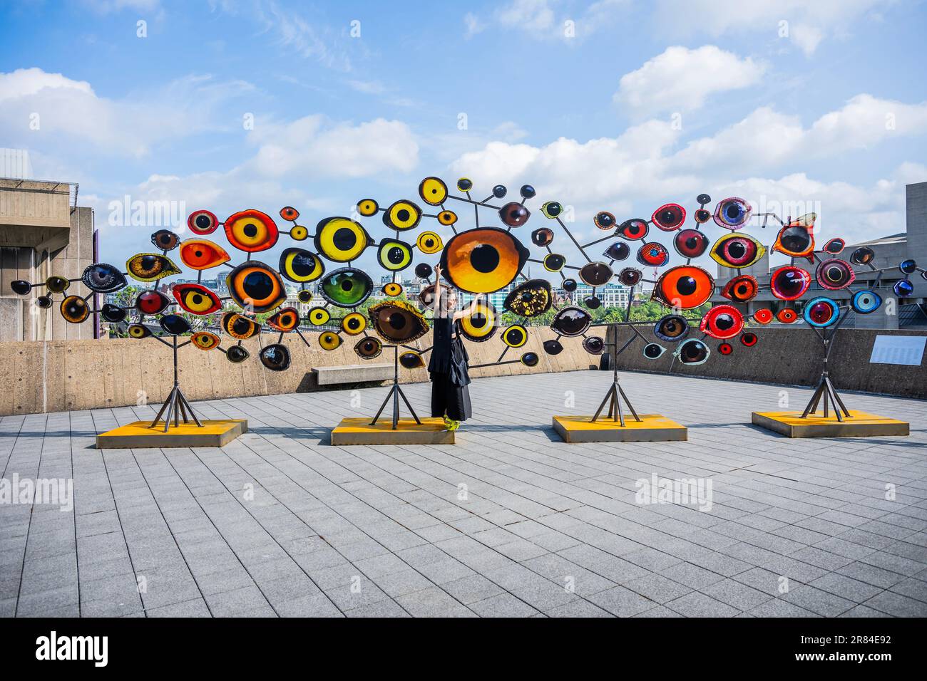 Londra, Regno Unito. 19th giugno, 2023. Lavori finali di costruzione su Birds Watching III di Jenny Kendler (nella foto in nero) - Caro Terra: Arte e speranza in un tempo di crisi alla Hayward Gallery. Questa mostra di gruppo tematicamente pionieristica esplora come gli artisti internazionali contemporanei stanno contribuendo a rifrangere le nostre risposte alla crisi climatica attraverso nozioni di cura, speranza e compassione per il nostro pianeta. Credit: Guy Bell/Alamy Live News Foto Stock