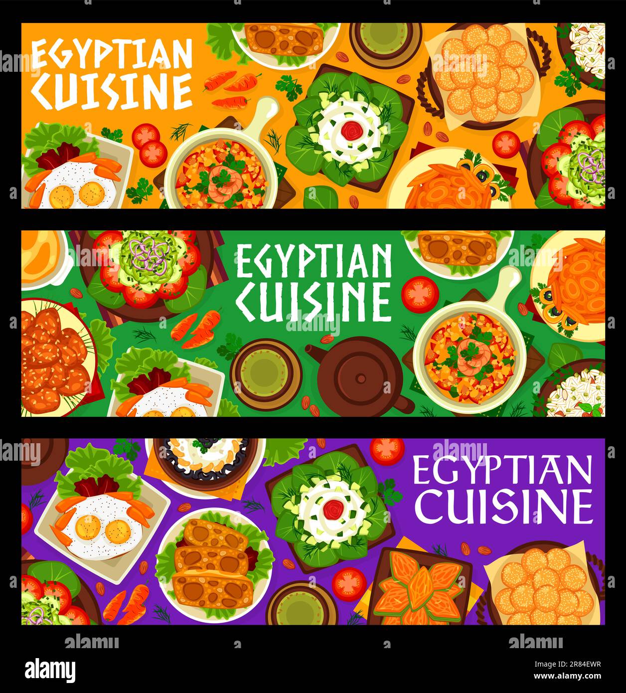 Striscioni di cibo della cucina egiziana. Uova all'aglio, torta di semola e frittelle al miele, budino, insalate con formaggio, fagioli e carote, uova strapazzate con gamberi, torta con pistacchi, omelette di cocco e agnello Illustrazione Vettoriale