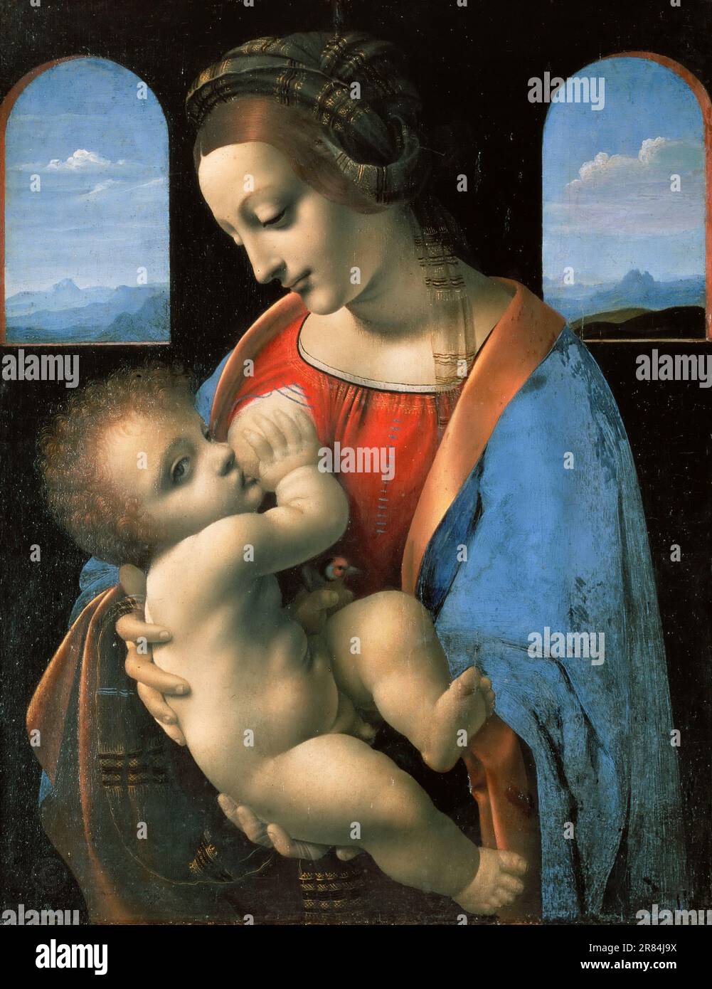 Leonardo da Vinci - Madonna Litta - raffigura la Vergine Maria che allatta il Cristo bambino, un soggetto devozionale conosciuto come la Madonna lattans. Foto Stock