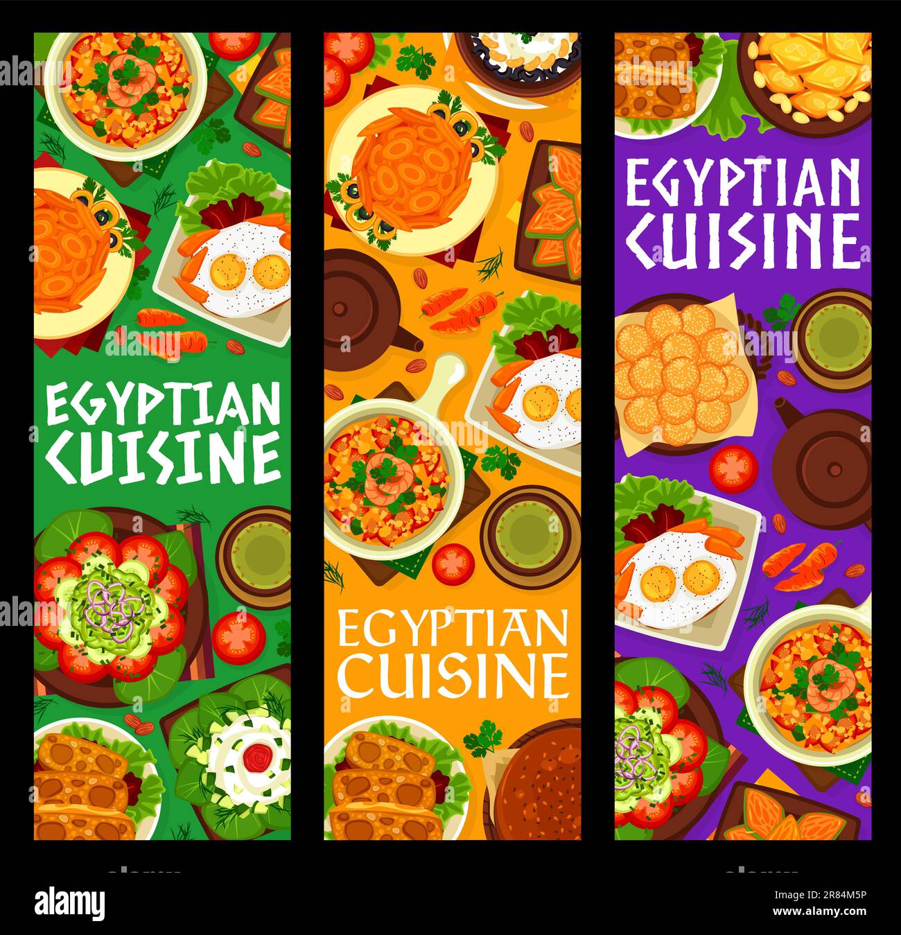 Striscioni di cibo del ristorante di cucina egiziana. Torta con pistacchi, cocco e mandorle, omelette di agnello, uova strapazzate e insalate con formaggio, fagioli, budino e uova all'aglio, torte di semola, turbani dolci Illustrazione Vettoriale